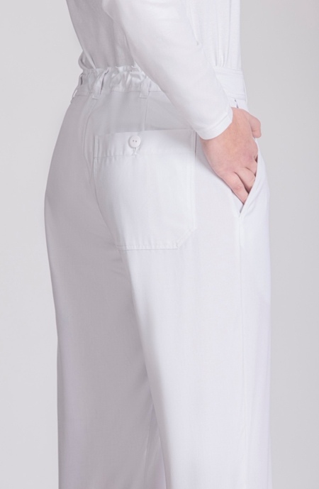 pantalón unisex goma posterior tejido sostenible blanco espalda norvil crisan